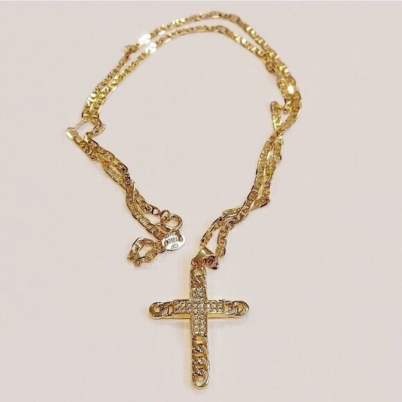 Men's Gold Plated Flat Marine Link Chain w/ Cross pendant - Picture 2 of 5